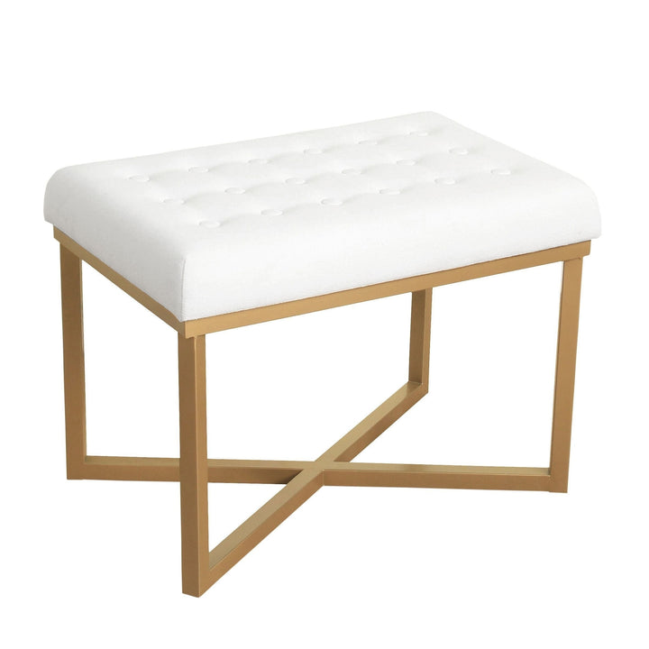 Hartau Rectangular Ottoman with White Velvet Tufted Cushion and Gold Metal X Base Solid Glam Rectangle Foam