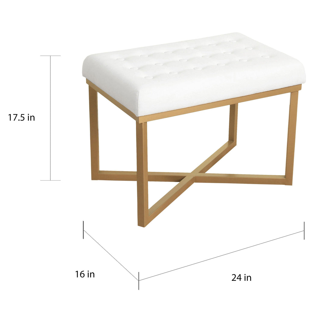 Hartau Rectangular Ottoman with White Velvet Tufted Cushion and Gold Metal X Base Solid Glam Rectangle Foam