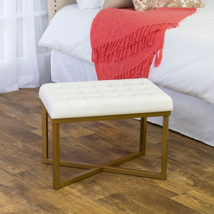 Hartau Rectangular Ottoman with White Velvet Tufted Cushion and Gold Metal X Base Solid Glam Rectangle Foam