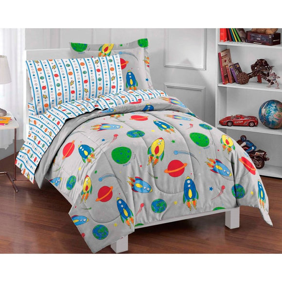 Kids Twin Size Sun Moon Stars Comforter Set Outer Space Galaxy Invaders Space themed Design Stars Detailed Planet Rocket Design Gray Grey - Diamond Home USA