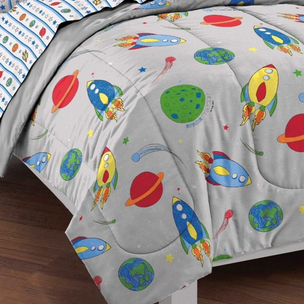 Kids Twin Size Sun Moon Stars Comforter Set Outer Space Galaxy Invaders Space themed Design Stars Detailed Planet Rocket Design Gray Grey