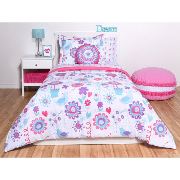Girls Pink Purple Blue White Floral Bird Comforter Twin Set Vibrant Girly Flower Scroll Themed Bedding Cute Fun Heart Spring Leaf Inspired Pattern - Diamond Home USA