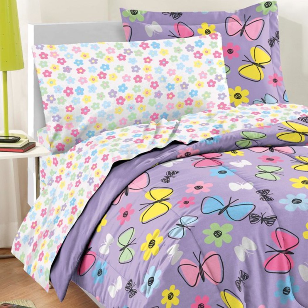 Girls Butterfly Comforter Set Pretty Butterflies Floral Bedding Cute Flower Pattern Girly Daisy Flowers Green