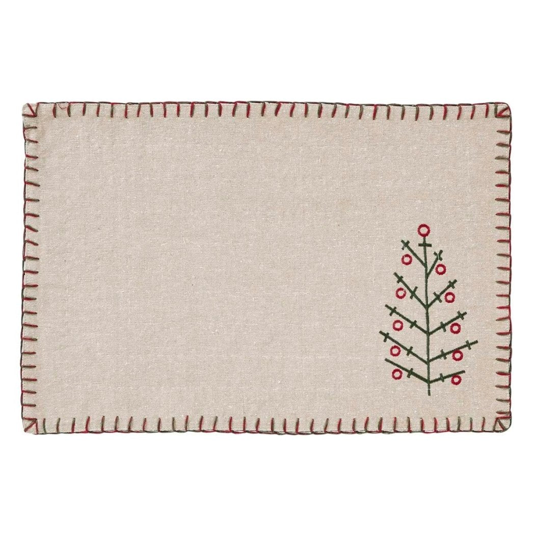 Red Green Khaki Christmas Tree Placemats Set Elegant Embroidered Borders Rectangle Shape Place Mats Traditional Features Machine Wash Easy Clean - Diamond Home USA