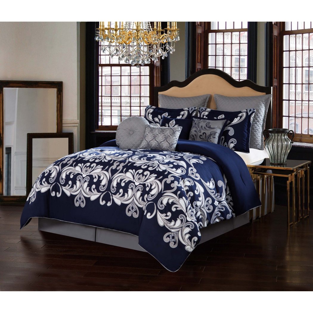 Damask Theme Comforter Set Floral Scroll Motif Bedding Modern Chic Heart Scrollwork Themed Pattern