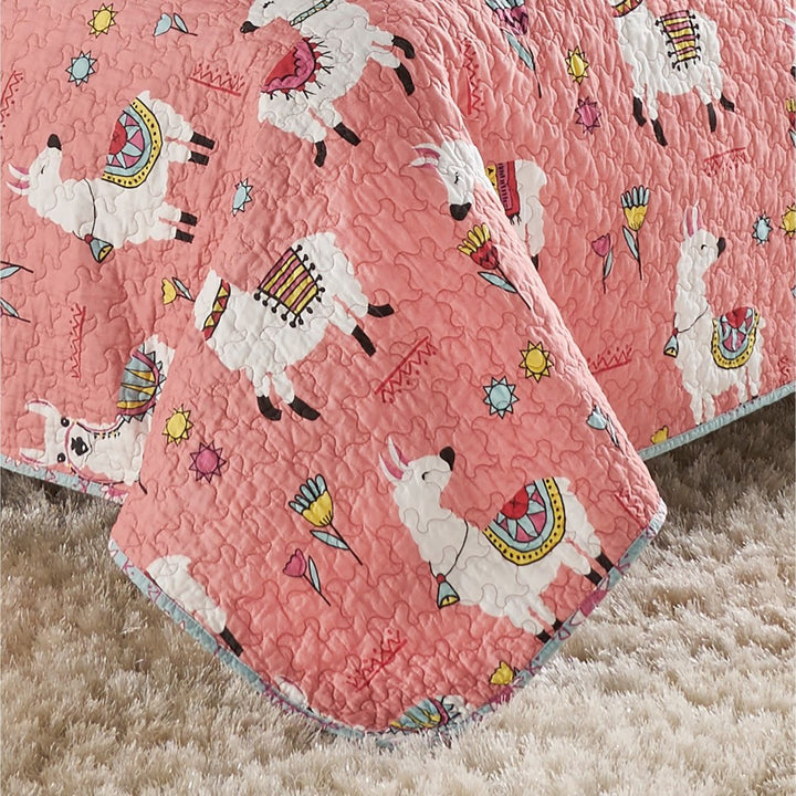 Girls Llama Themed Quilt Set Cute Lama Bedding Diamond Shaped Pattern Indie Llamas Sun Florals Cotton