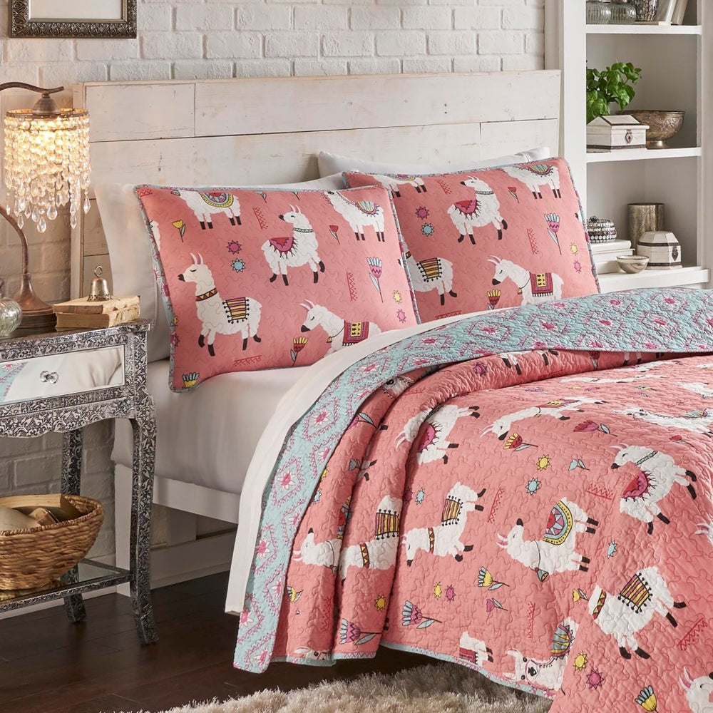 Girls Llama Themed Quilt Set Cute Lama Bedding Diamond Shaped Pattern Indie Llamas Sun Florals Cotton