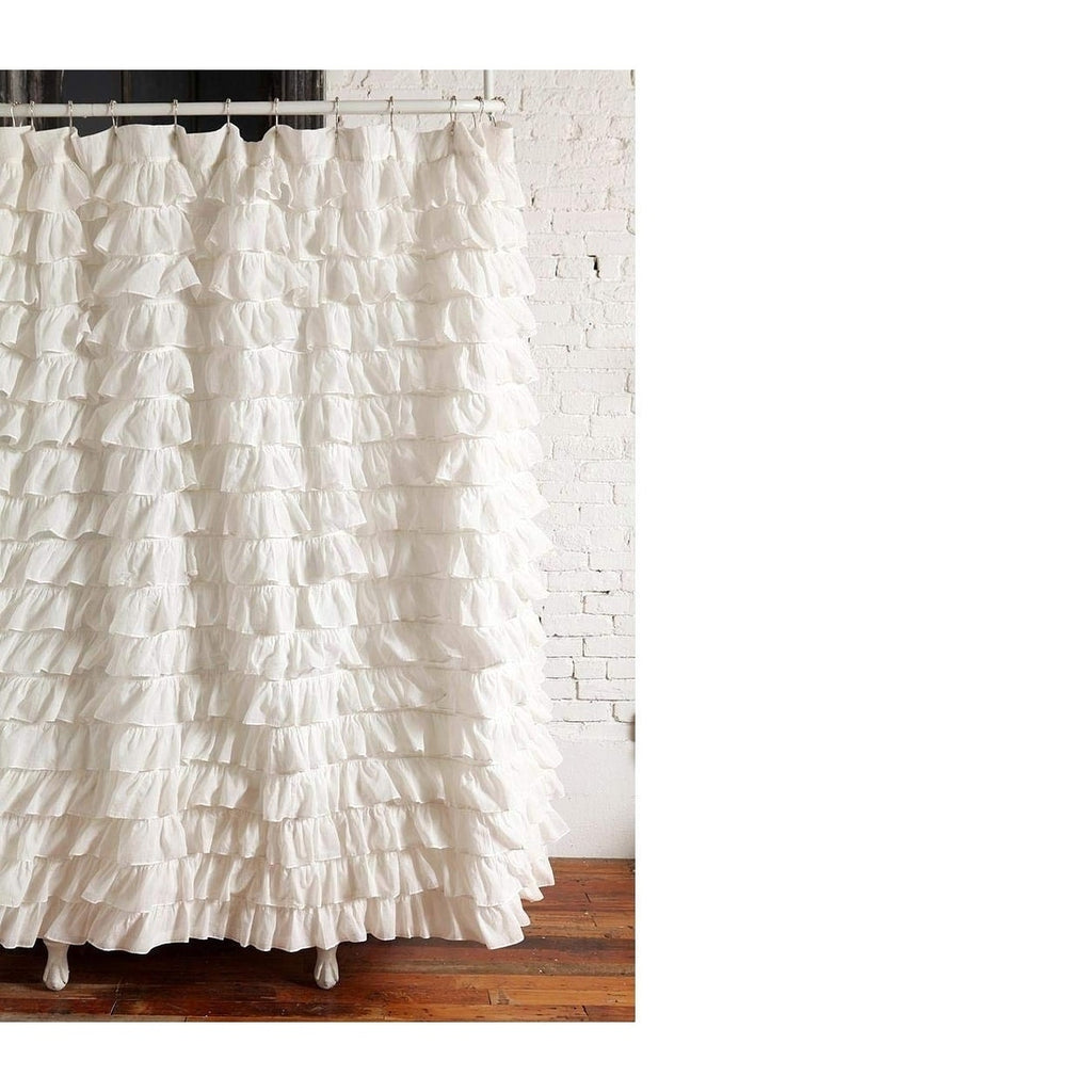 Waterfall Ruffled Fabric Shower Curtain ( White) Graphic Print Casual Polyester - Diamond Home USA