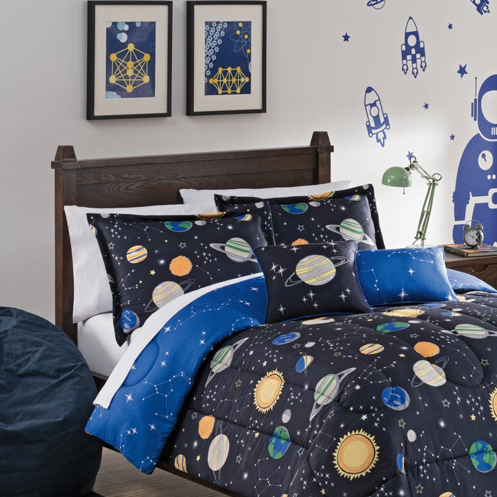 Kids Space Adventure Comforter Set Graphic Sun Stars Planet Motifs Teen Themed Kids Bedding Bedroom Casual Polyester