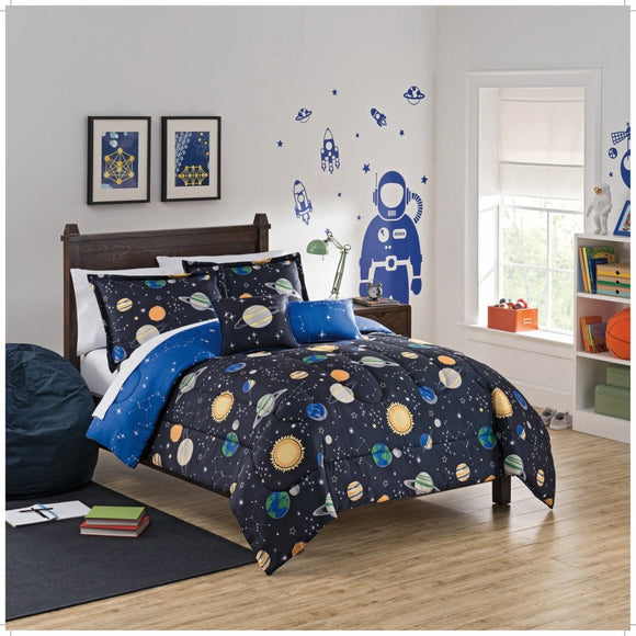 Kids Space Adventure Comforter Set Graphic Sun Stars Planet Motifs Teen Themed Kids Bedding Bedroom Casual Polyester