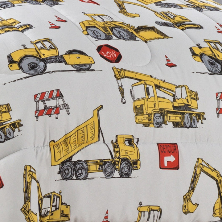 Kids Construction Site Comforter Set Boys Dump Truck Crane Stop Sign Themed Bedding Caution Detour Bulldozer Theme Stripe