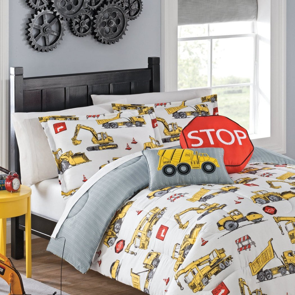 Kids Construction Site Comforter Set Boys Dump Truck Crane Stop Sign Themed Bedding Caution Detour Bulldozer Theme Stripe