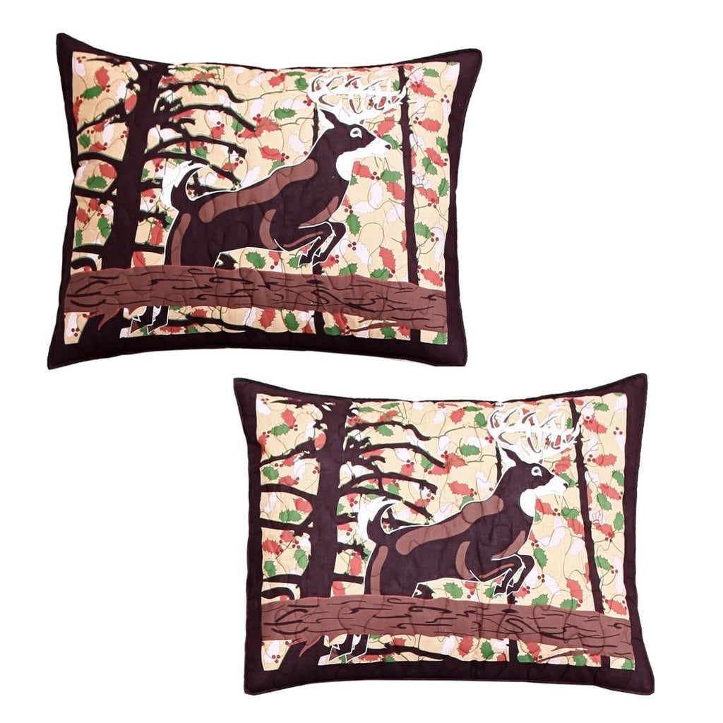 Tan Brown Whitetail Deer Pillow Set Cabin Themed Pair Lodge Southwest Nature Trees Cottage Green White Wild Game Cotton - Diamond Home USA