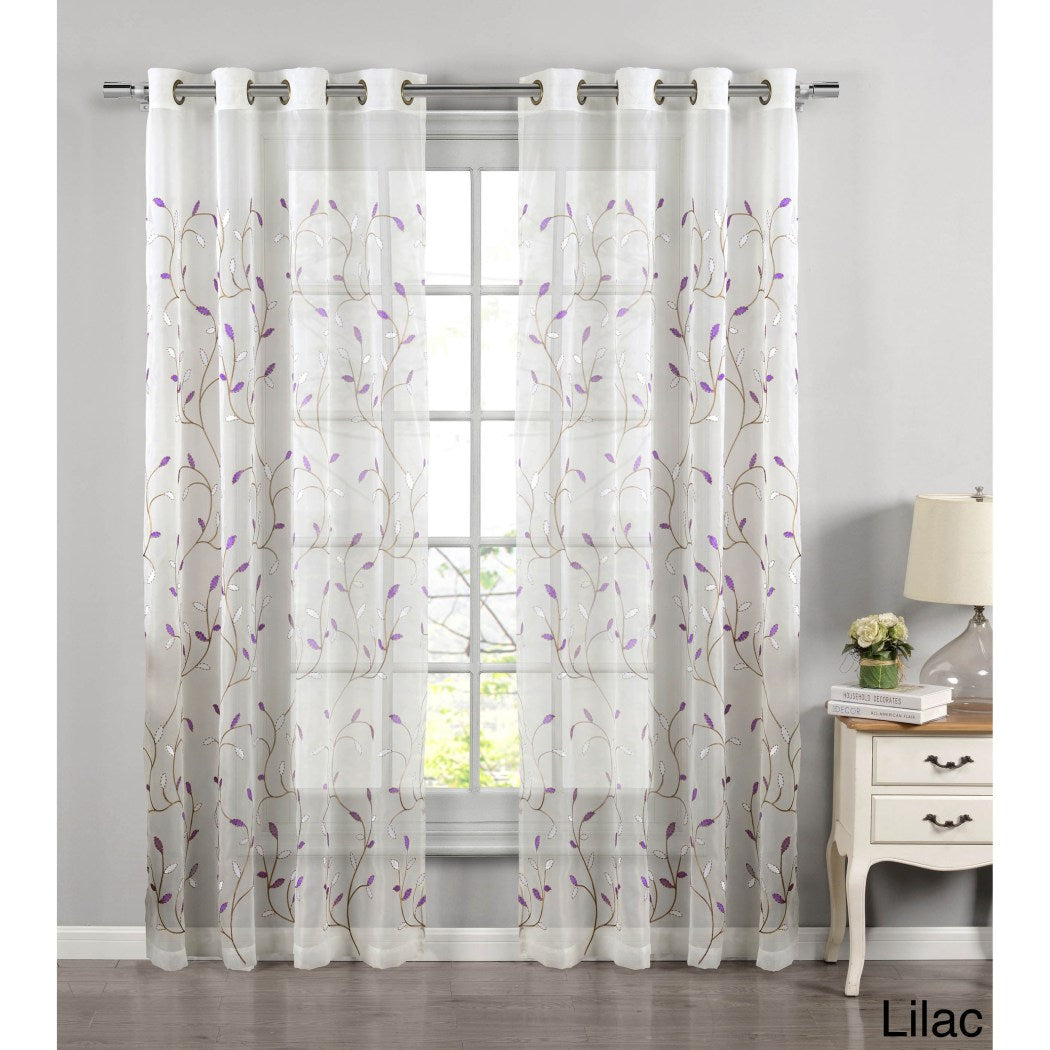 Girls Embroidered Wavy Leaves Sheer Window Curtain Single Panel Gauzy Leaf Swirl Pattern Nature Window Treatments