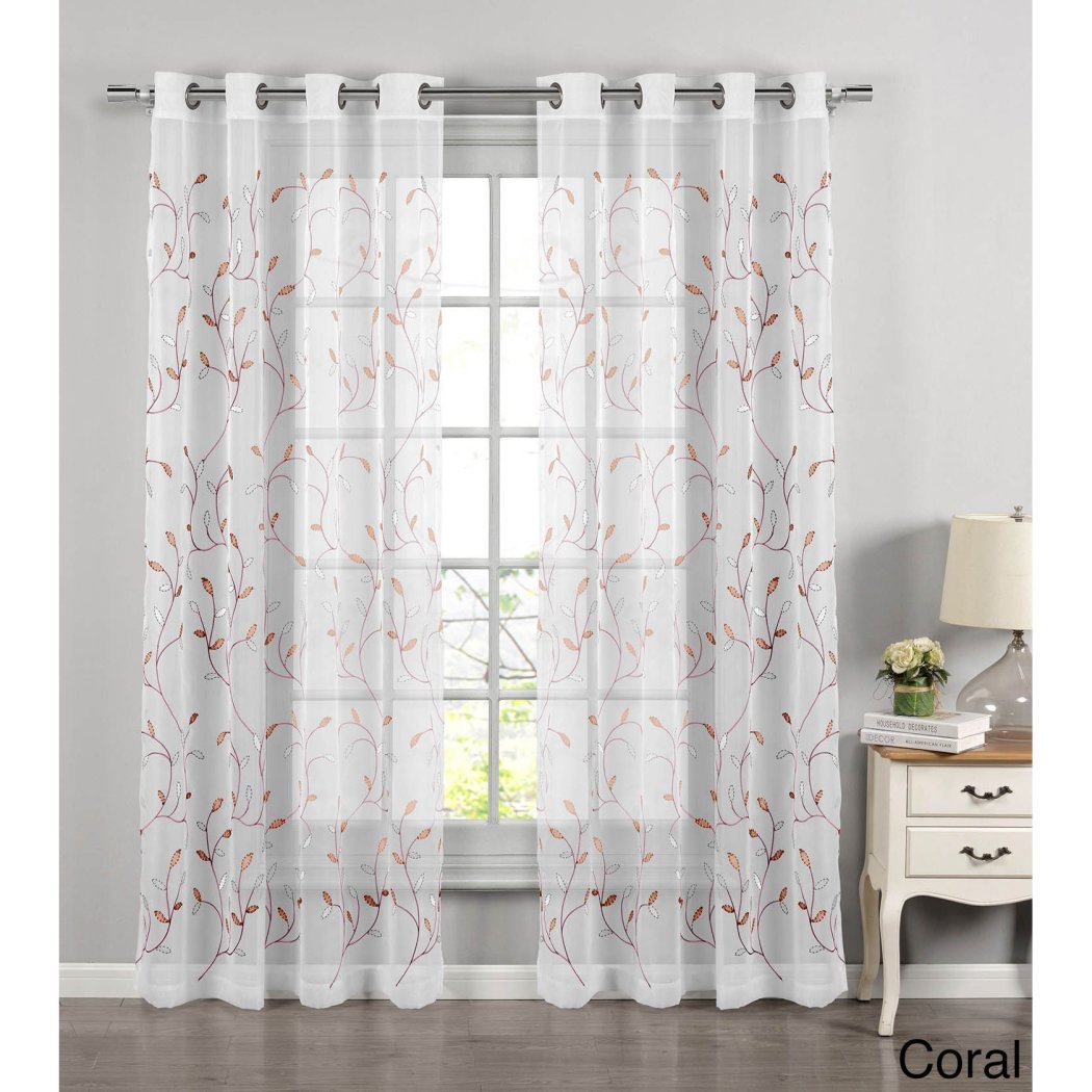 Girls Embroidered Wavy Leaves Sheer Window Curtain Single