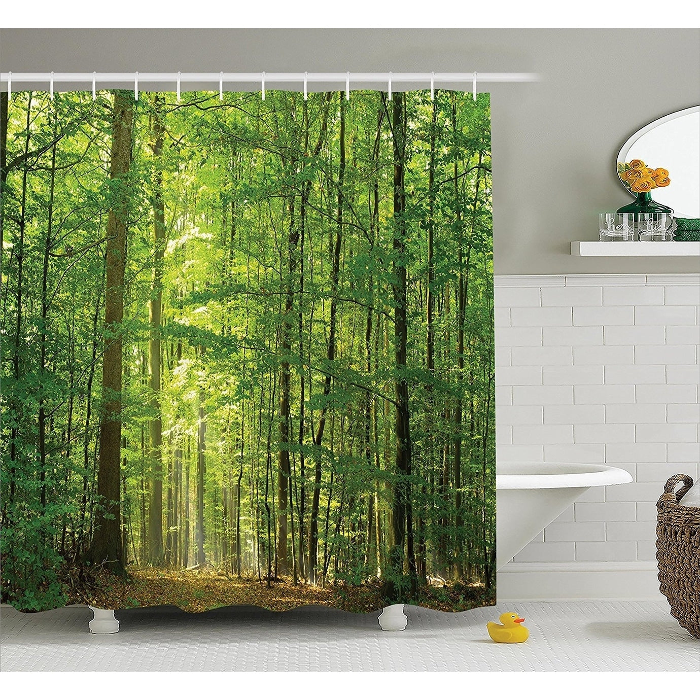 Woodland Decor Shower Curtain Set Green Graphic Print Victorian Polyester - Diamond Home USA