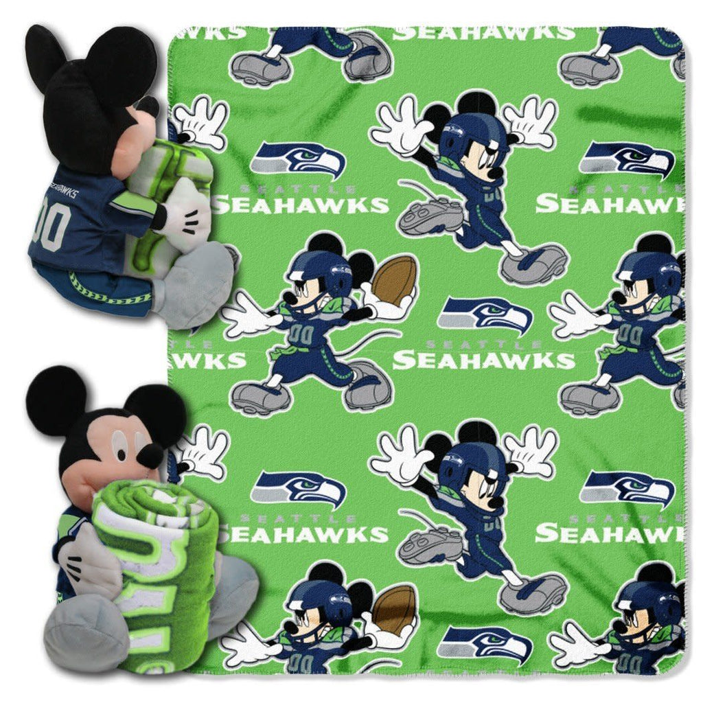 NFL Seahawks Throw Blanket Full Set Disney Mickey Mouse Character Shaped Pillow Sports Patterned Bedding Team Logo Fan Blue Bright Green Silver - Diamond Home USA