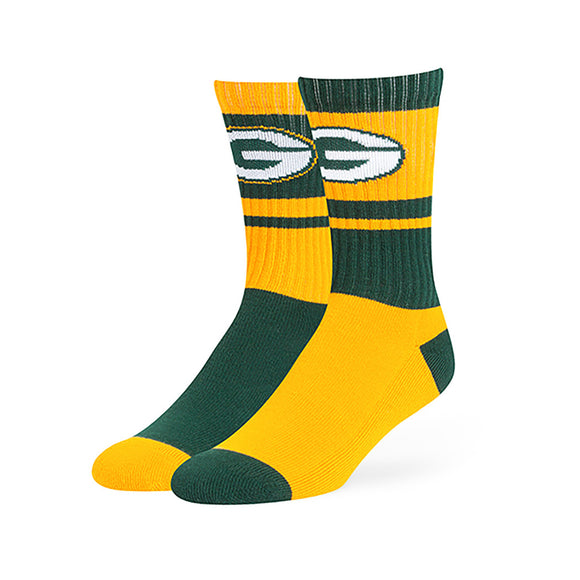 1 Pair NFL Packers Socks Football Themed Mismatched Crew L size Sports Patterned Team Logo Fan Merchandise Athletic Spirit Green Gold Polyester - Diamond Home USA