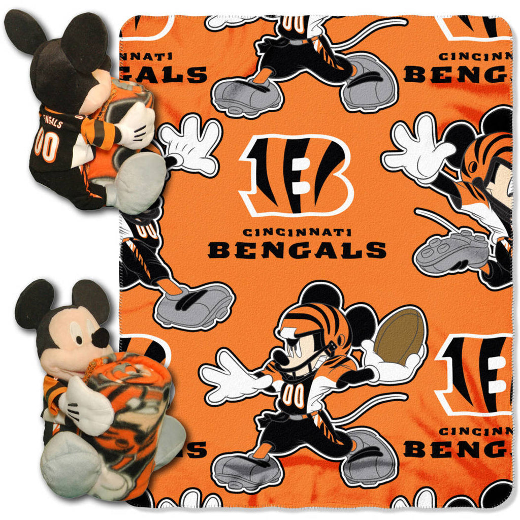 NFL Bengals Throw Blanket Full Set Disney Mickey Mouse Character Shaped Pillow Sports Patterned Bedding Team Logo Fan Black Orange White Polyester - Diamond Home USA
