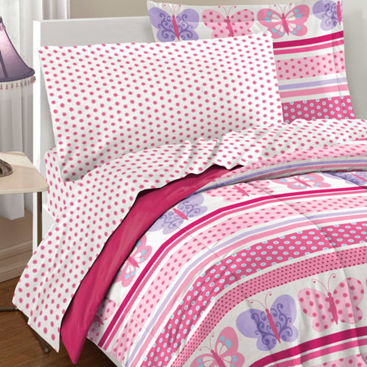 Girls Butterfly Themed Comforter Set Sheets Cute Polka Dots Horizontal Striped Butterflies Polka Dots Kids