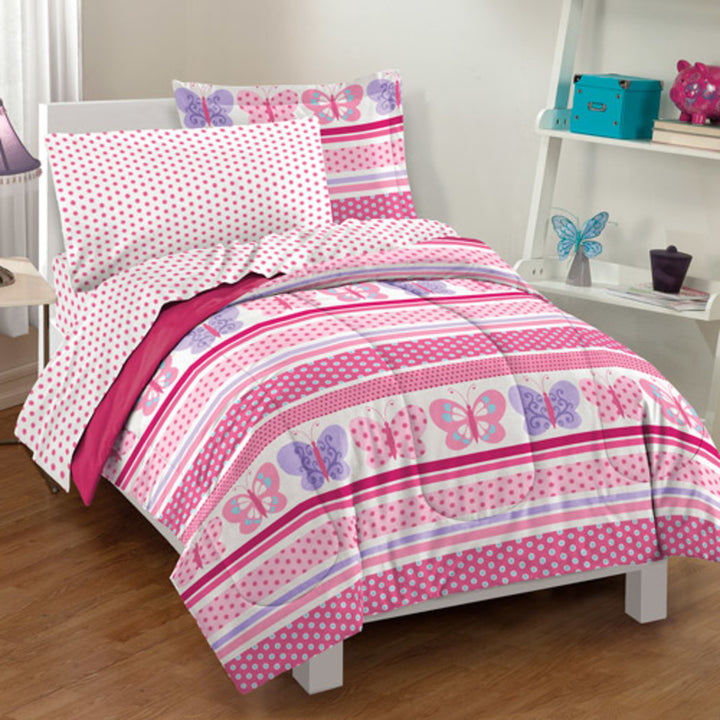 Girls Butterfly Themed Comforter Set Sheets Cute Polka