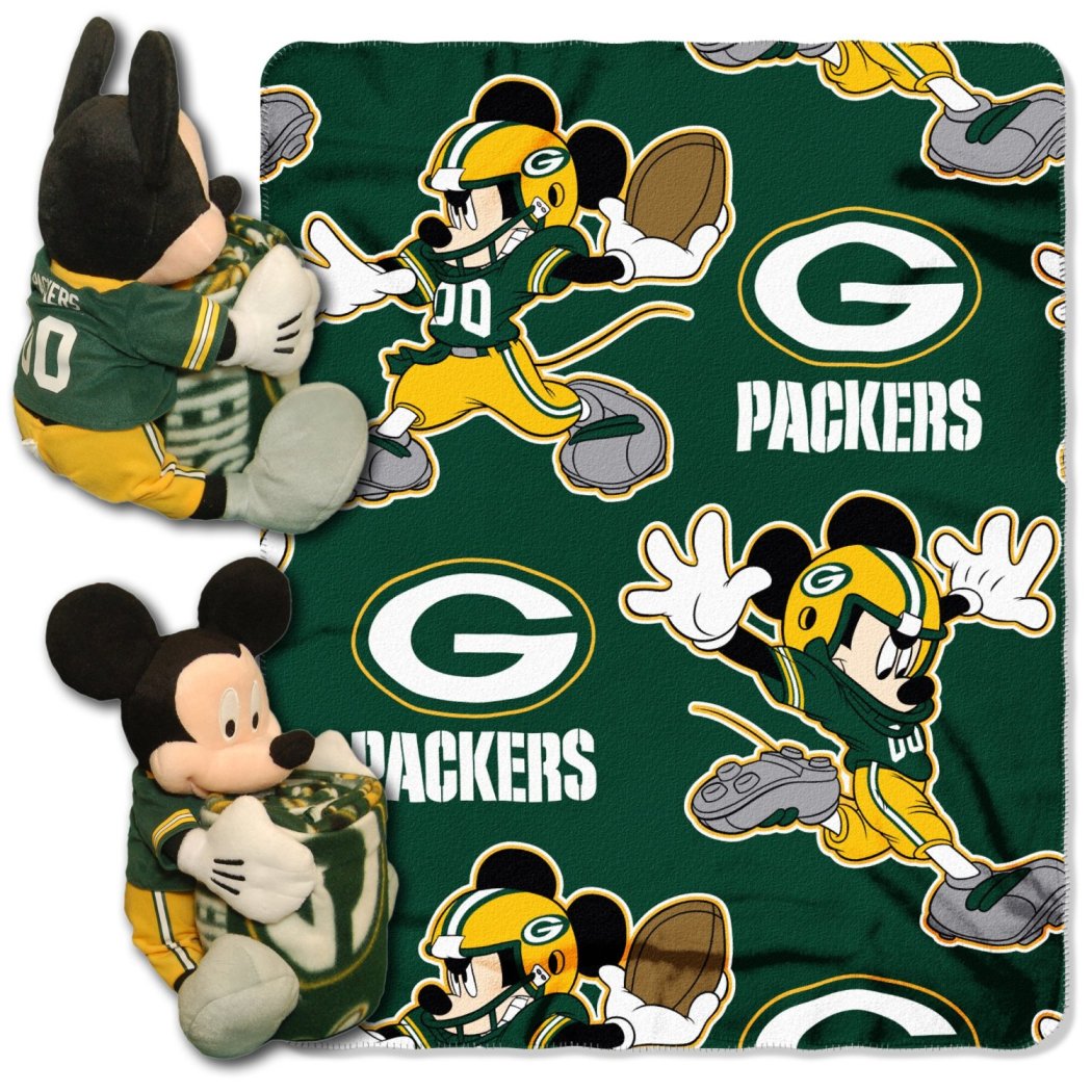 NFL Packers Throw Blanket Full Set Disney Mickey Mouse Character Shaped Pillow Sports Patterned Bedding Team Logo Fan Gold Dark Green Polyester - Diamond Home USA