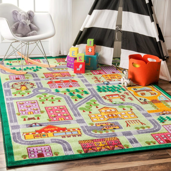 3'3 x 5' Playtime City Street Map Educational Color Kids Area Rug Nylon Contemporary Tween Youth Colorful Unique Graphic Town Building Education - Diamond Home USA