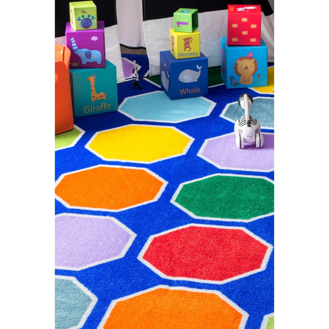 3'3 x 5' Color Playtime Geometric Color Octagons Educational Blue Kids Area Rug Nylon Tween Novelty Geometric Modern Durable Soft Rectangular Living - Diamond Home USA