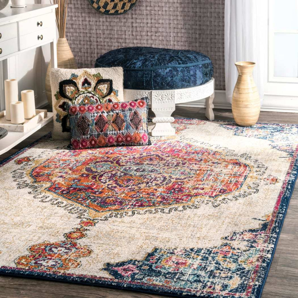 4'x6'ft Colored Blue Orange Yellow Pink Medallion Patterned Area Rug Indoor Geometric Living Room Mat Rectangle Carpet Soft Modern Transitional - Diamond Home USA