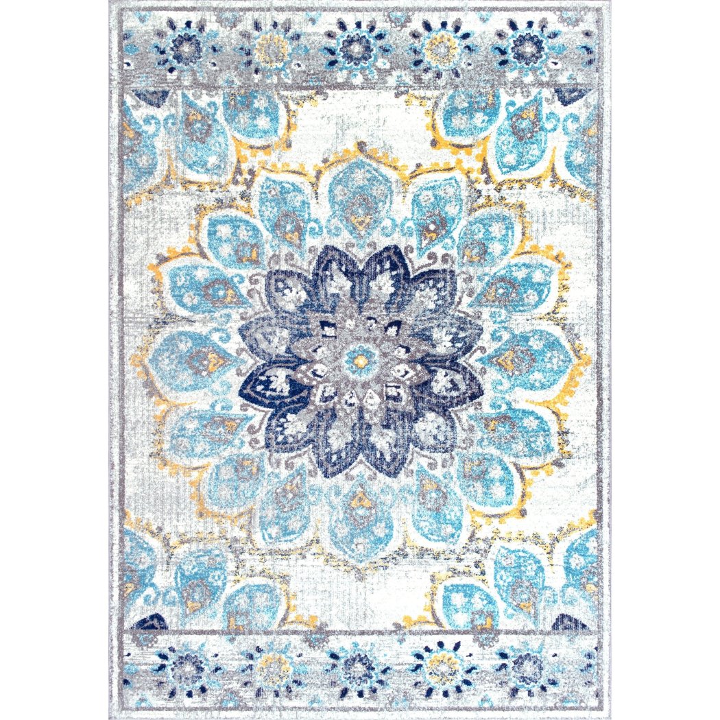 4'x6'ft Blue White Yellow Floral Colored Mandala Patterned Area Rug Indoor Flower Living Room Mat Rectangle Carpet Large Flooring Wide Plush Vintage - Diamond Home USA