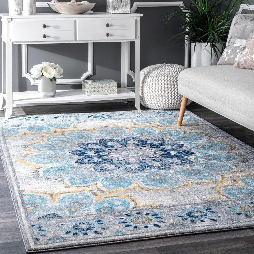 4'x6'ft Blue White Yellow Floral Colored Mandala Patterned Area Rug Indoor Flower Living Room Mat Rectangle Carpet Large Flooring Wide Plush Vintage - Diamond Home USA